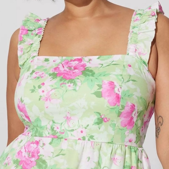 Torrid Womens 2 2X Green Pink Floral Poplin Cotton Ruffled Midi Dress - Picture 8 of 9